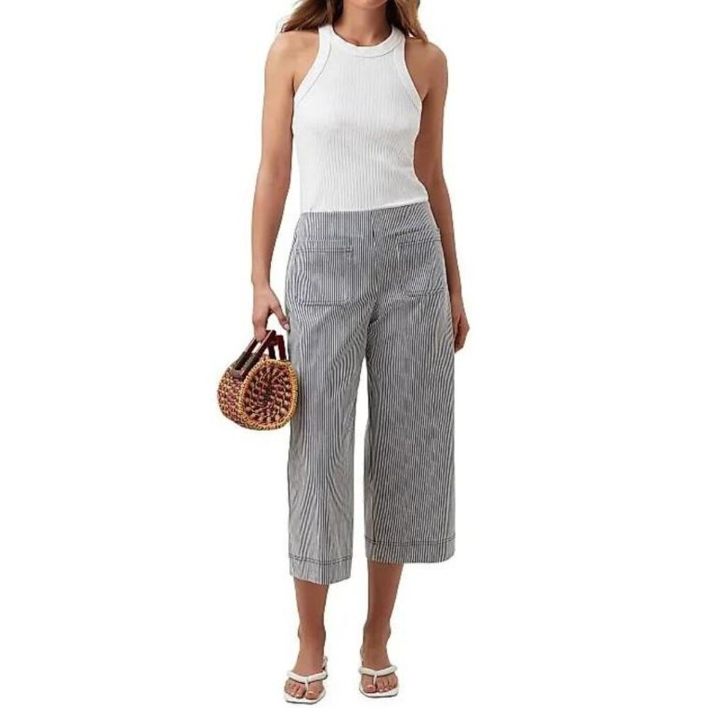 Trina Turk Olive Green and White Striped Wide Leg Cropped Pants - Size 6 - Picture 2 of 13